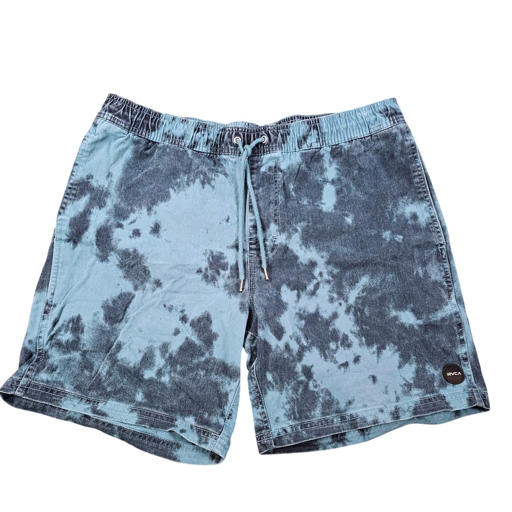 RVCA Escape Denim Jean Shorts Men's Large Blue Tie Dye Elastic Waist Drawstring